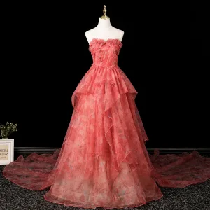 Elegant Vannmelon Appliques Printing Ballkjoler 2025 Ballkjole Strapless Uten Ermer Ryggløse Feie Tog Ball Formelle Kjoler