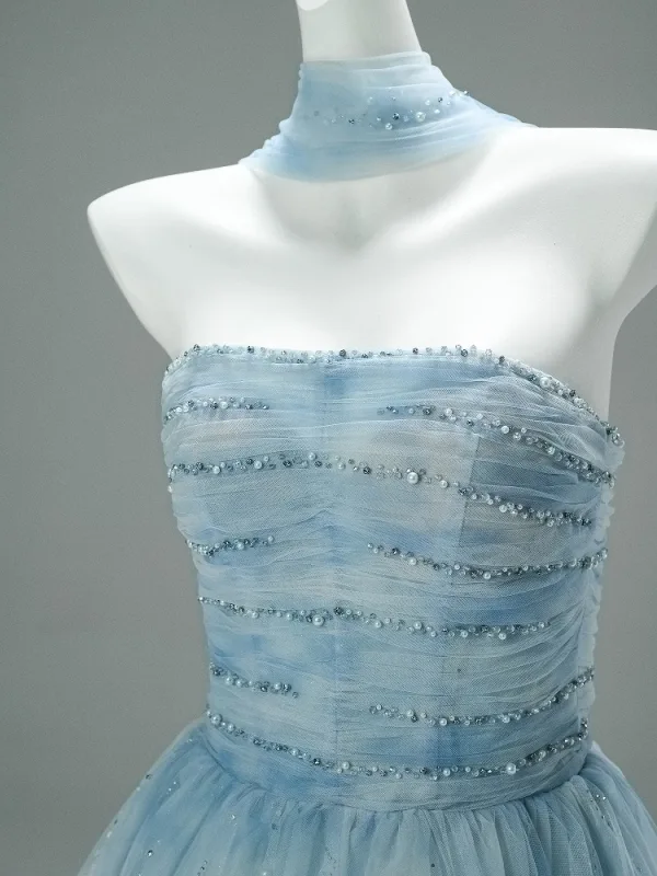 Charming Sky Blue Handmade  Beading Pearl Prom Dresses 2025 A-Line / Princess Strapless Sleeveless Backless Floor-Length / Long Formal Dresses