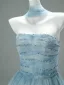Charming Sky Blue Handmade  Beading Pearl Prom Dresses 2025 A-Line / Princess Strapless Sleeveless Backless Floor-Length / Long Formal Dresses