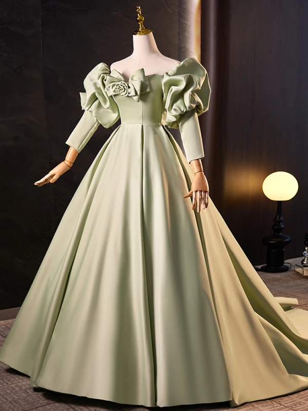 Elegant Sage Green Satin Prom Dresses 2023 Ball Gown Strapless Puffy Short Sleeve Backless Bow Sweep Train Formal Dresses