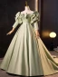 Elegant Sage Green Satin Prom Dresses 2023 Ball Gown Strapless Puffy Short Sleeve Backless Bow Sweep Train Formal Dresses