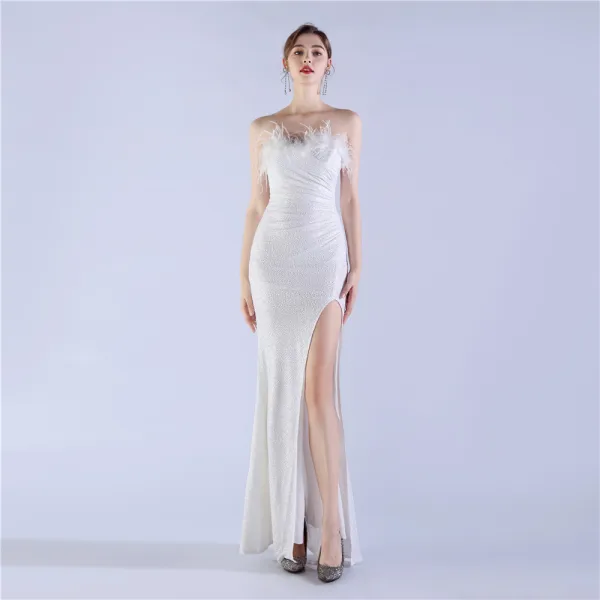 Sexy Black Sequins Evening Dresses 2024 Trumpet / Mermaid Strapless Tassel Sleeveless Backless Floor-Length / Long Evening Party Formal Dresses