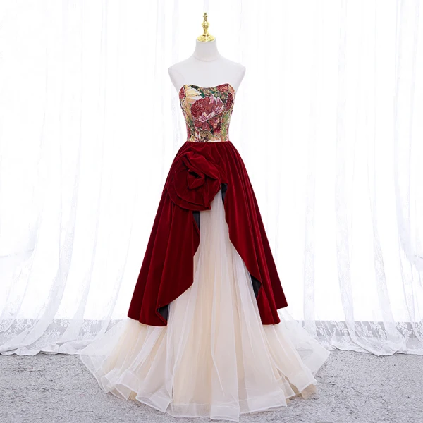 Vintage / Retro Burgundy Suede Printing Prom Dresses 2022 A-Line / Princess Square Neckline Short Sleeve Backless Floor-Length / Long Formal Dresses