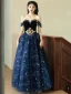 Charming Black Gold Beading Pearl Sequins Prom Dresses 2024 Ball Gown Off-The-Shoulder Short Sleeve Backless Floor-Length / Long Prom Formal Dresses