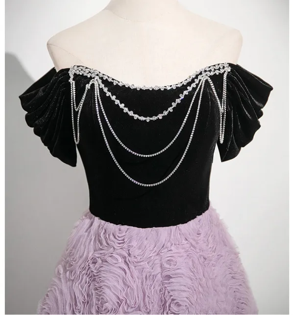 Chic / Beautiful Lavender Flower Rhinestone Prom Dresses 2025 A-Line / Princess Off-The-Shoulder Short Sleeve Backless Floor-Length / Long Formal Dresses