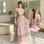 Chic / Beautiful Blushing Pink Lace Flower Bridesmaid Dresses 2023 A-Line / Princess Short Sleeve Backless Floor-Length / Long Bridesmaid Dresses