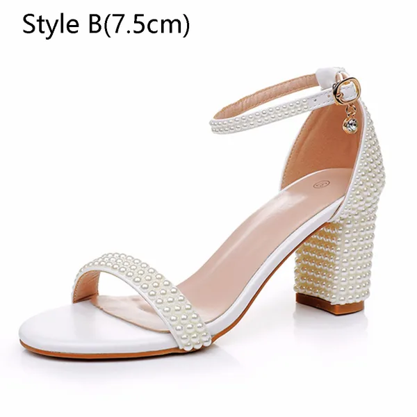 Sexy Weiß Perle Brautschuhe 2024 9 cm Thick Heels Knöchelriemen Peeptoes Hochzeit Hochhackige