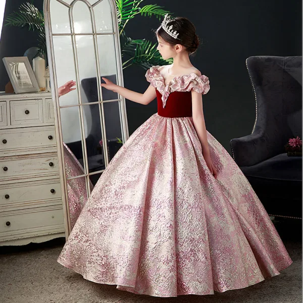 Elegant Burgundy Prom Flower Girl Dresses 2022 Ball Gown Ruffle Scoop Neck Sequins Short Sleeve Floor-Length / Long Flower Girl Dresses