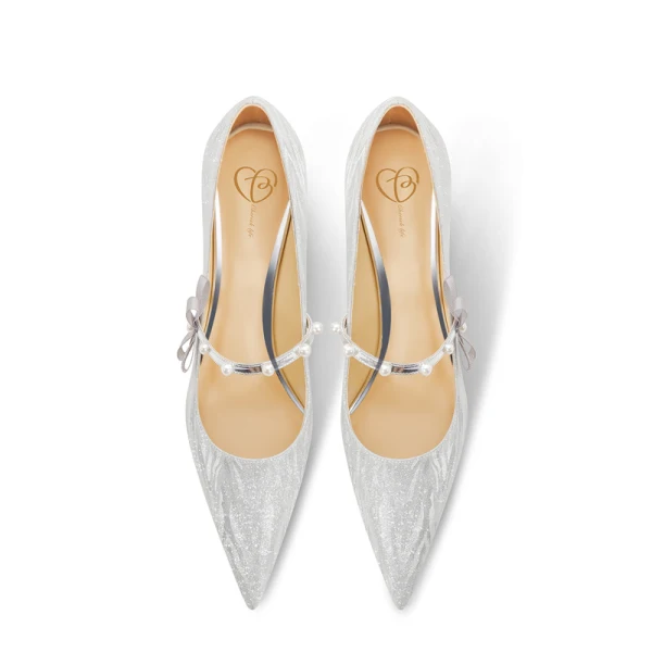 Charmant Argenté Paillettes Perle Noeud Chaussure De Mariée 2023 Cuir 6 cm Talons Aiguilles À Bout Pointu Mariage Escarpins Talons Hauts