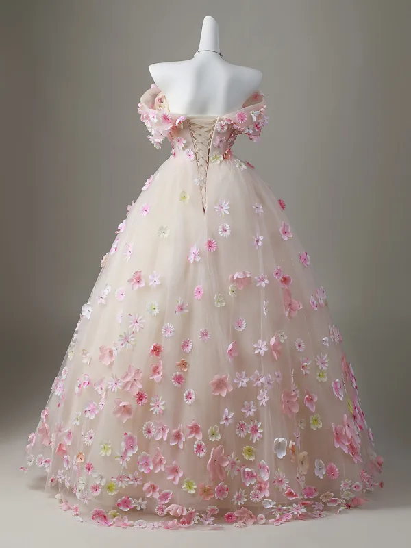 Blumenfee Rosa Perle Applikationen Ballkleider 2026 Ballkleid Off Shoulder Kurze Ärmel Rückenfreies Lange Festliche Kleider