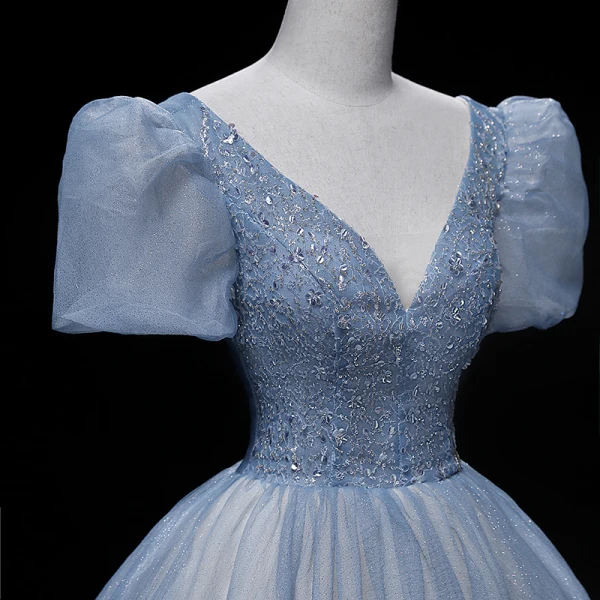 Chic / Beautiful Sky Blue Prom Dresses 2022 Ball Gown V-Neck Puffy Short Sleeve Backless Beading Rhinestone Sequins Floor-Length / Long Prom Formal Dresses