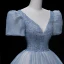 Chic / Beautiful Sky Blue Prom Dresses 2022 Ball Gown V-Neck Puffy Short Sleeve Backless Beading Rhinestone Sequins Floor-Length / Long Prom Formal Dresses