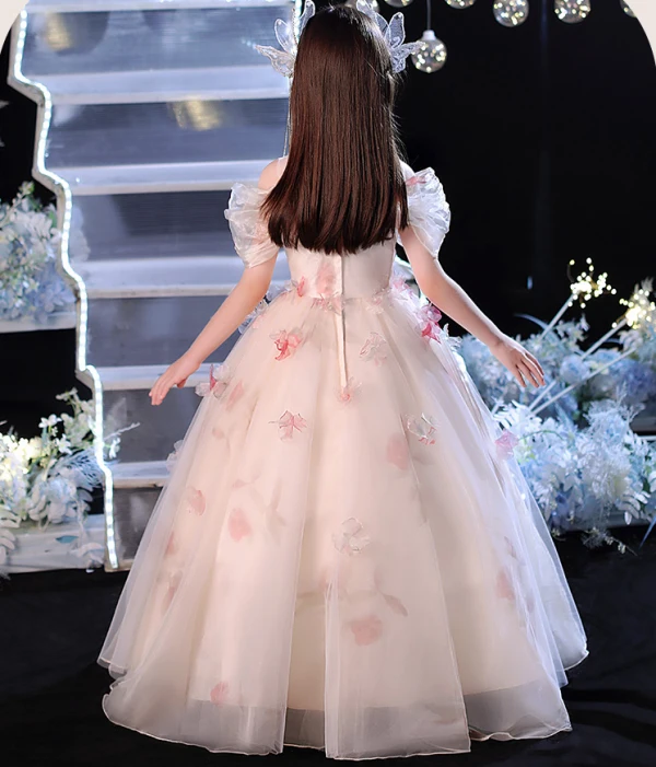Charming Champagne Appliques Birthday Flower Girl Dresses 2024 Ball Gown Scoop Neck Short Sleeve Floor-Length / Long