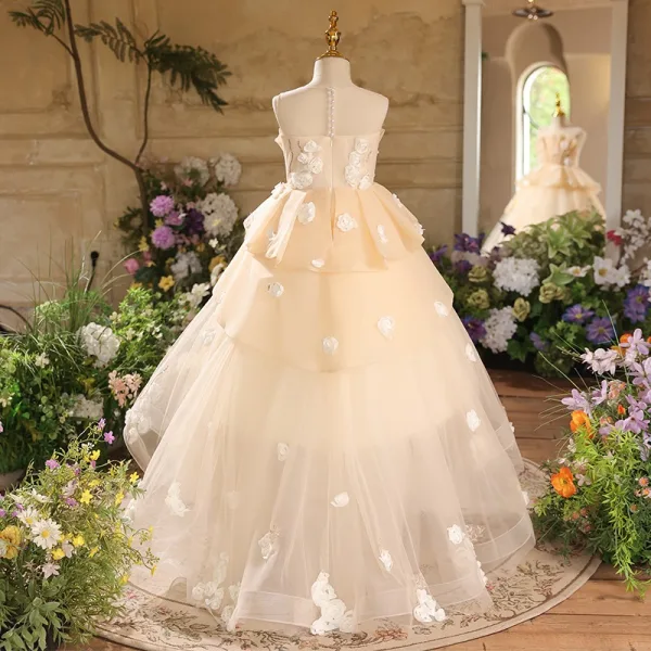 Chic / Beautiful Champagne Appliques Birthday Flower Girl Dresses 2025 Ball Gown Scoop Neck Sleeveless Backless Tea-length Tulle