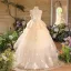 Chic / Beautiful Champagne Appliques Birthday Flower Girl Dresses 2025 Ball Gown Scoop Neck Sleeveless Backless Tea-length Tulle