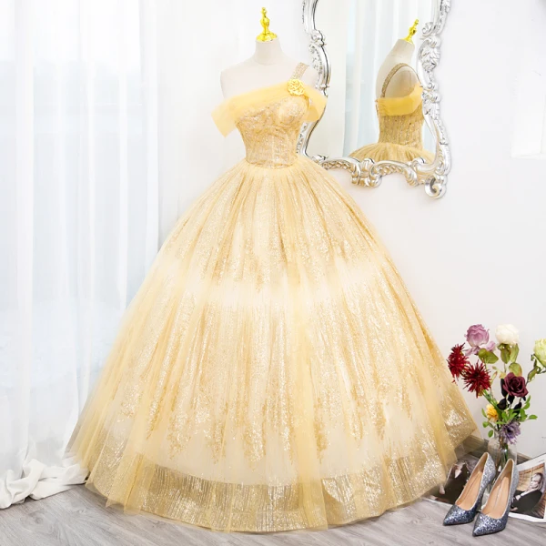 Chic / Belle Jaune Perlage Paillettes Robe De Bal 2022 Robe Boule Une épaule Sans Manches Dos Nu Longue Promo Robe De Ceremonie