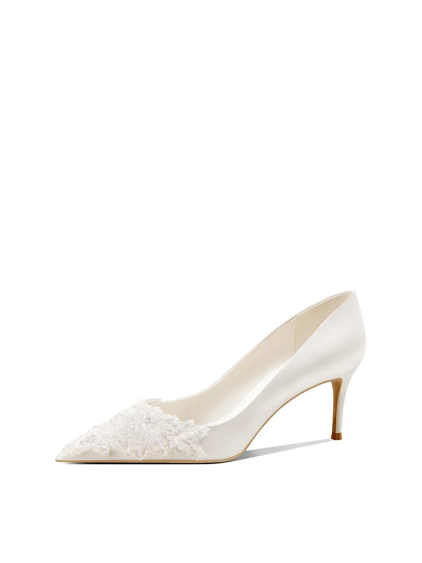 Charmant Blanche Perlage Satin Chaussure De Mariée 2024 8 cm Talons Aiguilles À Bout Pointu Mariage Escarpins Talons Hauts