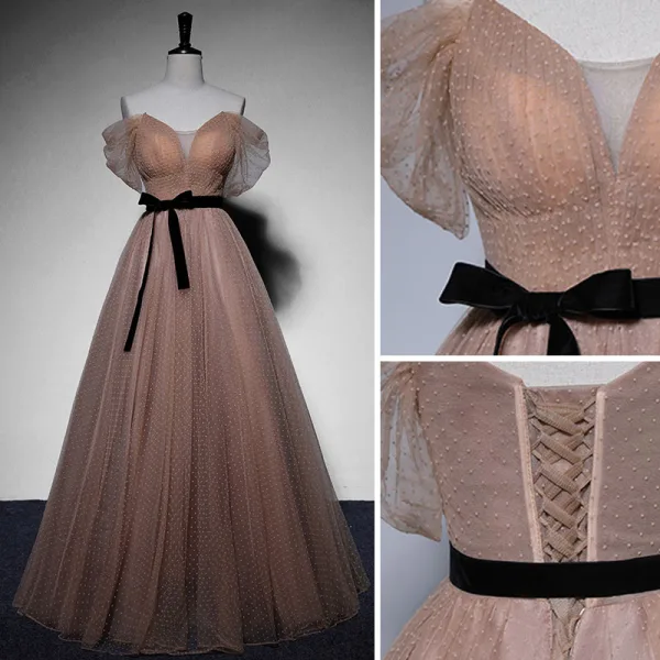 Chic / Beautiful Tan Spotted Prom Dresses 2022 A-Line / Princess Off-The-Shoulder Short Sleeve Backless Sash Bow Floor-Length / Long Formal Dresses