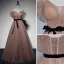 Chic / Beautiful Tan Spotted Prom Dresses 2022 A-Line / Princess Off-The-Shoulder Short Sleeve Backless Sash Bow Floor-Length / Long Formal Dresses
