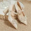 Elegant Beige Satin Pearl Rhinestone Wedding Shoes 2024 7 cm Thick Heels Pointed Toe Wedding Pumps High Heels