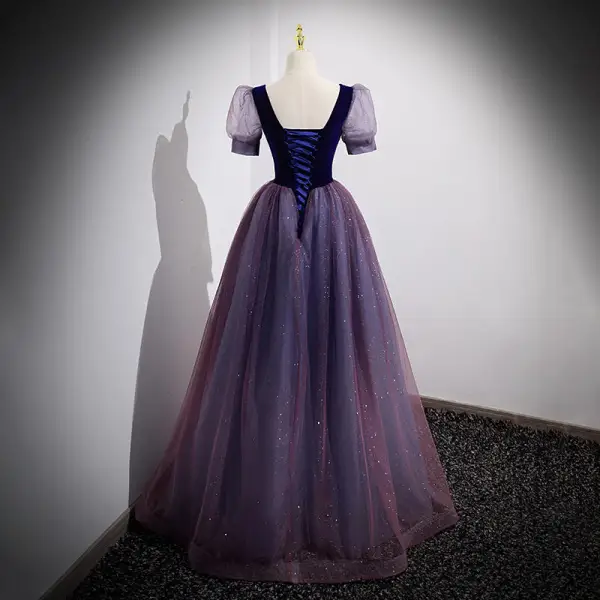 Elegant Purple Sequins Prom Dresses 2022 A-Line / Princess Square Neckline Short Sleeve Backless Floor-Length / Long Prom Formal Dresses