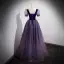 Elegant Purple Sequins Prom Dresses 2022 A-Line / Princess Square Neckline Short Sleeve Backless Floor-Length / Long Prom Formal Dresses