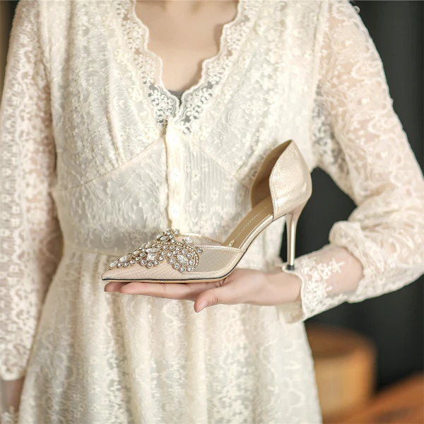 Chic / Beautiful Gold Rhinestone Wedding Shoes 2022 7 cm Stiletto Heels Pointed Toe Wedding Womens Shoes High Heels