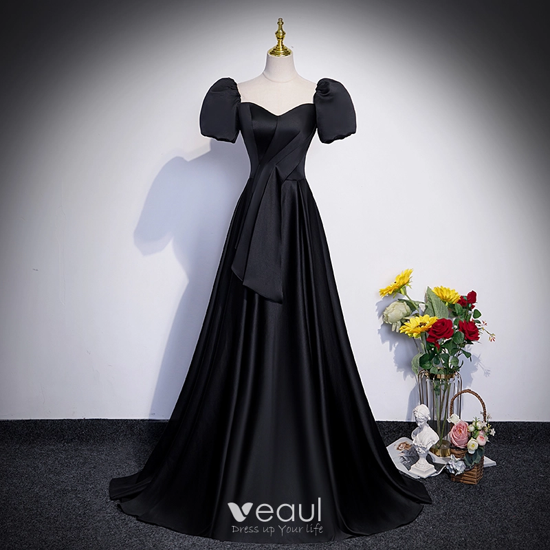 Modest / Simple Black Satin Prom Dresses 2023 A-Line / Princess Square  Neckline Puffy Short Sleeve Backless Sweep Train Prom Formal Dresses