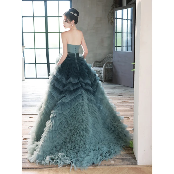 Modern / Fashion Ink Blue Cascading Ruffles Evening Dresses 2023 A-Line / Princess Strapless Sleeveless Backless Sweep Train Evening Party Formal Dresses