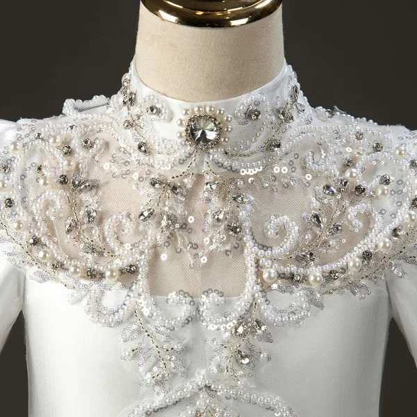 Fashion Ivory Beading Pearl Sequins Rhinestone Satin Birthday Flower Girl Dresses 2022 Ball Gown High Neck Long Sleeve Backless Floor-Length / Long Flower Girl Dresses