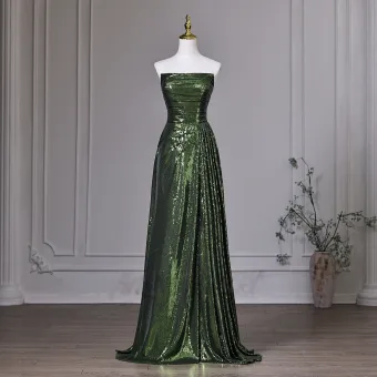 Vintage Dunkelgrün Pailletten Abendkleider 2026 A Linie Bandeau Ärmellos Rückenfreies