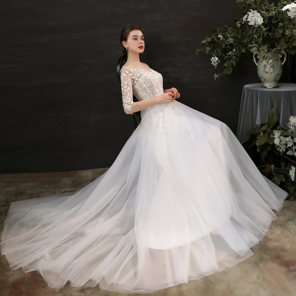 Elegant Leaf Lace Ivory Bridal Wedding Dresses 2021 A-Line / Princess Scoop Neck 3/4 Sleeve Court Train Tulle
