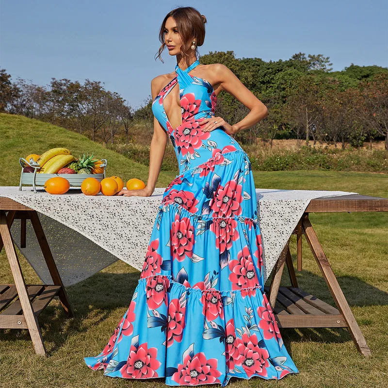 Bohemia Summer Beach Holiday Pool Blue Printing Maxi Dresses 2022 A Line  Princess High Neck Sleeveless Backless Sweep Train Women Dresses