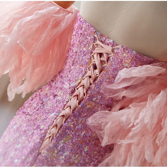 Sexy Rougissant Rose Perlage Paillettes Fendue devant Robe De Bal 2024 Trompette / Sirène Bustier Sans Manches Dos Nu Longue Promo Robe De Ceremonie