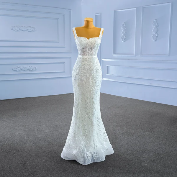 Haut de Gamme Ivoire Perle En Dentelle Fleur Robe De Mariée 2023 Trompette / Sirène Encolure Carrée Sans Manches Ceinture Dos Nu Tribunal Train Mariage