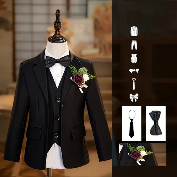 Noire 6 pièces Manches Longues Costume Garçon Mariage 2024 Mariage Bijoux De Corps Manteau Pantalon Chemise Cravate Gilet