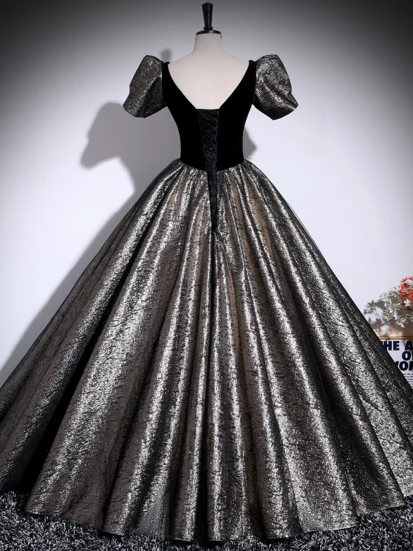Vintage / Retro Black Glitter Prom Dresses 2025 Ball Gown Square Neckline Puffy Short Sleeve Backless Floor-Length / Long Formal Dresses