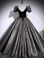 Vintage / Retro Black Glitter Prom Dresses 2025 Ball Gown Square Neckline Puffy Short Sleeve Backless Floor-Length / Long Formal Dresses