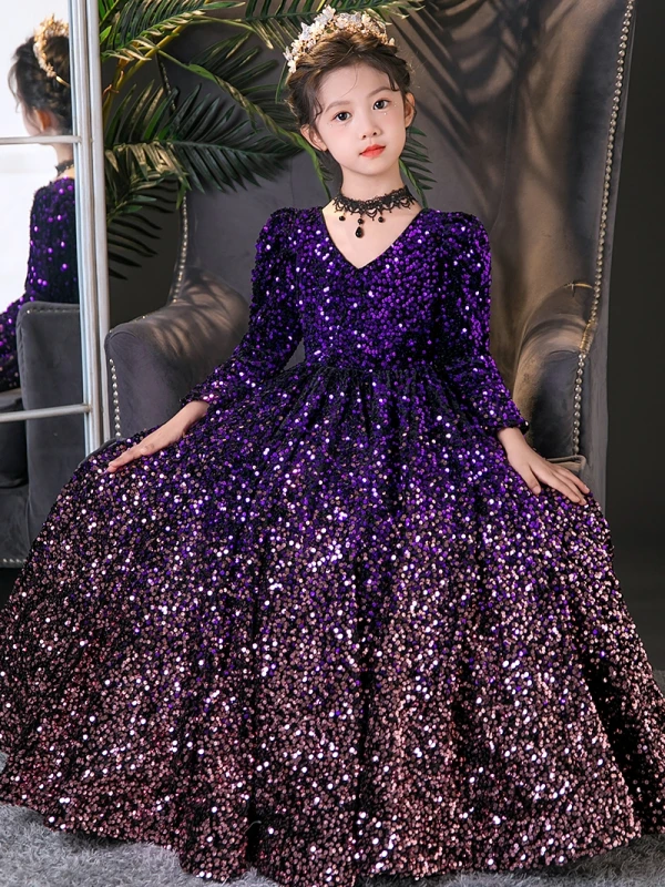 Sparkly Purple Sequins Birthday Flower Girl Dresses 2024 Ball Gown V-Neck Long Sleeve Floor-Length / Long