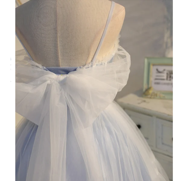 Chic / Belle Bleu Ciel Volants Perle En Dentelle Fleur Anniversaire Robe De Fête 2022 Princesse Bretelles Spaghetti Sans Manches Dos Nu Noeud Longue Cocktail Robe De Ceremonie