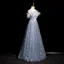 Chic / Beautiful Sky Blue Lace Flower Tassel Prom Dresses 2024 A-Line / Princess Scoop Neck Sleeveless Backless Floor-Length / Long Prom Formal Dresses