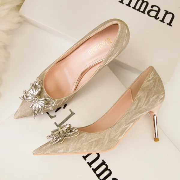 Charming Champagne Rhinestone Butterfly Evening Party Pumps High Heels 2022 7 cm Stiletto Heels Pointed Toe Pumps