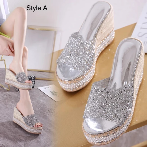 Fashion Bling Bling Silver Rhinestone Sequins Street Wear Summer Womens Sandals 2023 10 cm Wedges Open / Peep Toe Sandals