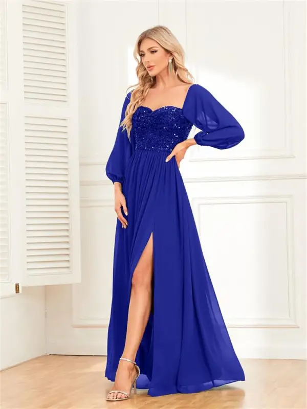 Chic / Beautiful Dark Green Sequins Split Front Evening Dresses 2024 A-Line / Princess Off-The-Shoulder Short Sleeve Backless Floor-Length / Long Evening Party Formal Dresses