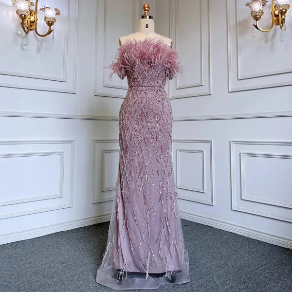 High End Meeresblau Handgefertigt Perlenstickerei Pailletten Gespaltete Front Ballkleider 2024 Meerjungfrau Bandeau Kurze Ärmel Rückenfreies Lange Ball Festliche Kleider