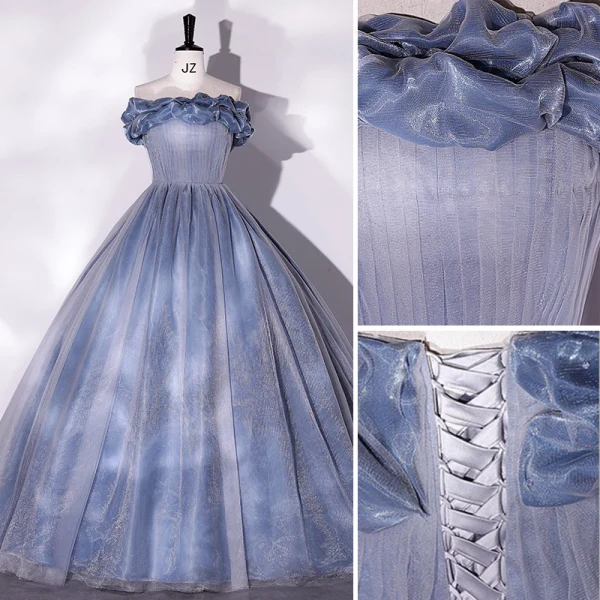 Elegant Sky Blue Prom Dresses 2022 Ball Gown Ruffle Off-The-Shoulder Sleeveless Backless Floor-Length / Long Prom Formal Dresses