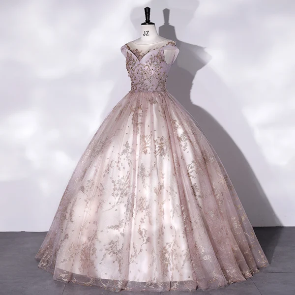 Elegant Blushing Pink Beading Sequins Prom Dresses 2022 Ball Gown Scoop Neck Sleeveless Backless Floor-Length / Long Formal Dresses