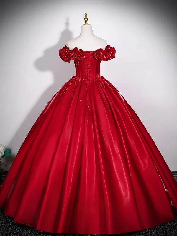 Elegant Burgundy Flower Satin Prom Dresses 2026 Ball Gown Sleeveless Backless Floor-Length / Long Prom Formal Dresses