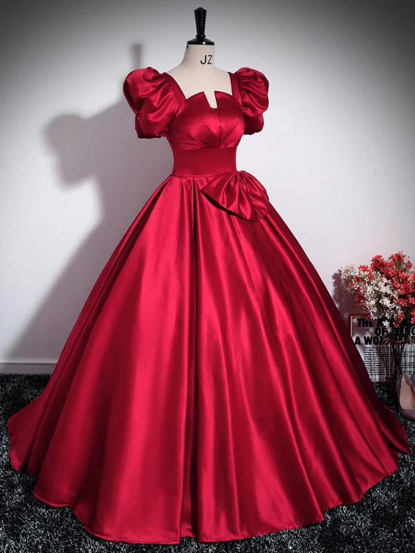 Elegant Burgundy Bow Prom Dresses 2024 Ball Gown Square Neckline Puffy Short Sleeve Backless Floor-Length / Long Prom Formal Dresses