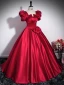 Elegant Burgundy Bow Prom Dresses 2024 Ball Gown Square Neckline Puffy Short Sleeve Backless Floor-Length / Long Prom Formal Dresses